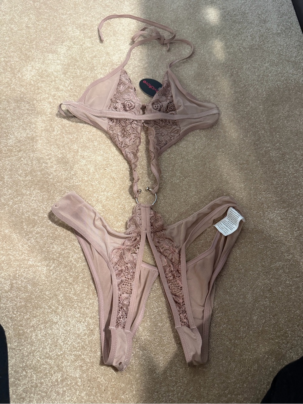 Lace Halter Sheer Teddy in Mauve Pink